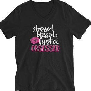 Stressed Blessed and Lipstick Obsessed V Neck Tee